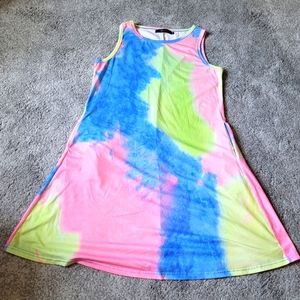 ZESICA Fun Tie Dye Dress Pink Blue Yellow Sleeveless A line with Pockets